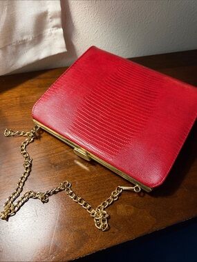Red Gold-Trim Lizard-Texture Crossbody Bag